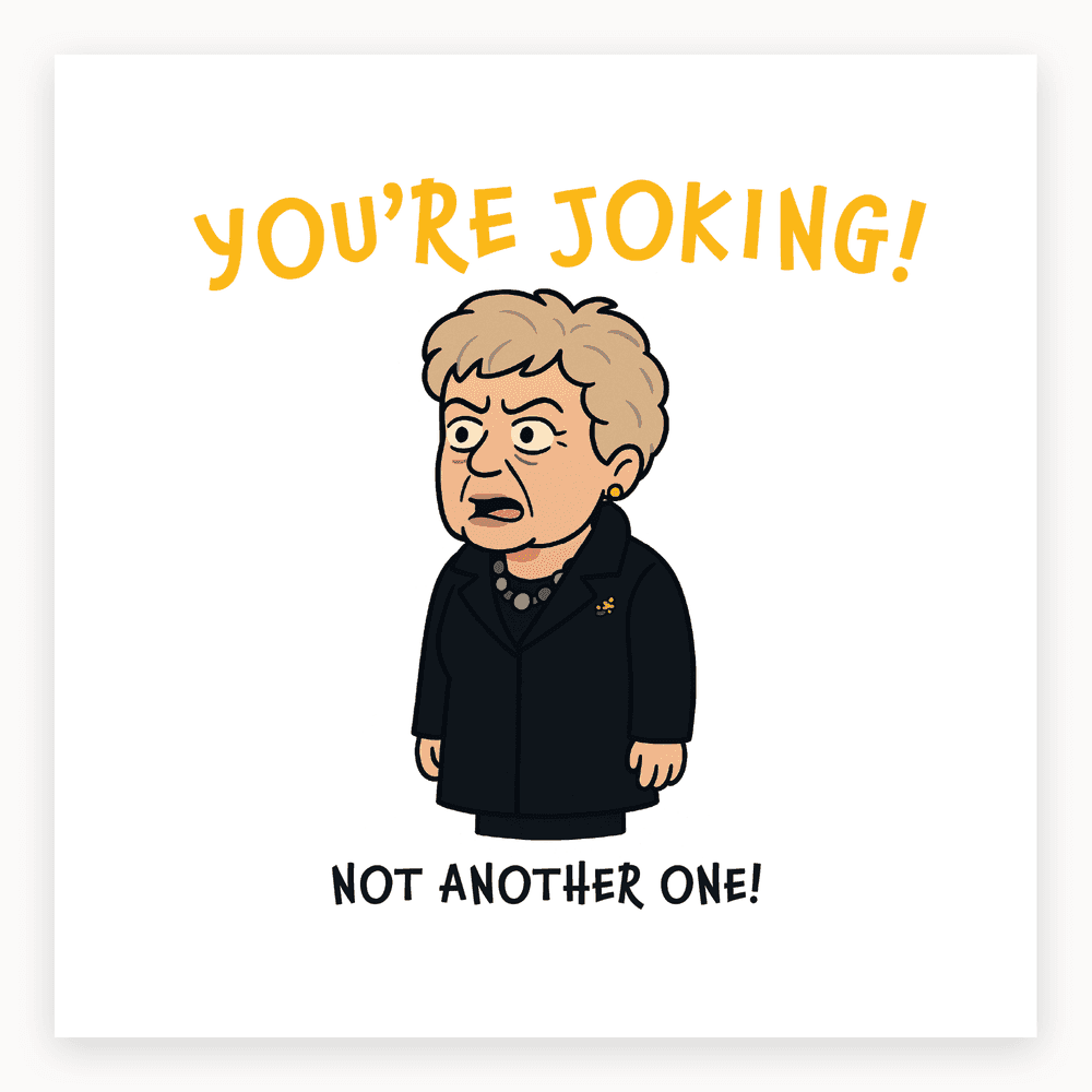 The card lying flat. Illustrated card with Brenda from Bristol, shocked expression, text 'YOU'RE JOKING! NOT ANOTHER ONE!', in blue and white.