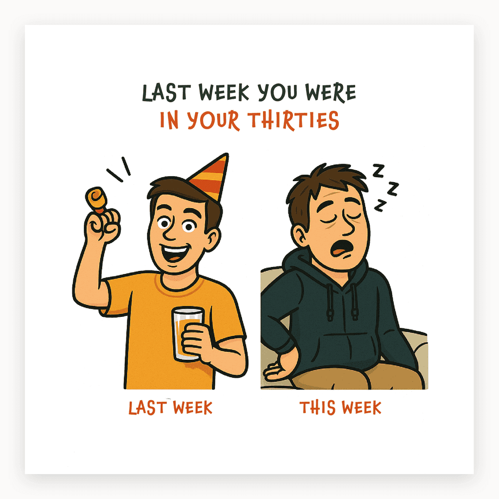 The card lying flat. Illustrated card with two panels: one with a person in a party hat, the other asleep on a sofa. Text about turning 40. Dominant colours are blue and yellow.