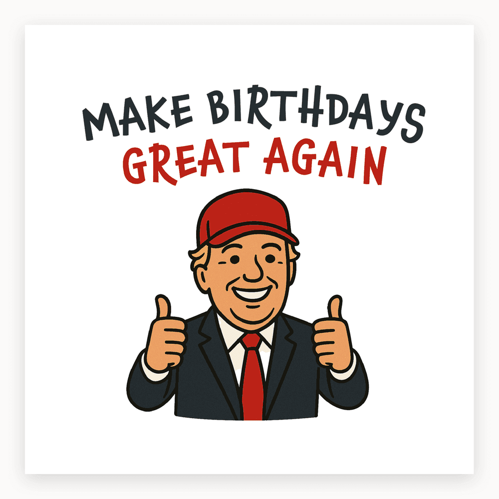 The card lying flat. Cartoon of a man in a red cap and suit giving thumbs up, with 'MAKE BIRTHDAYS GREAT AGAIN' text in bold.
