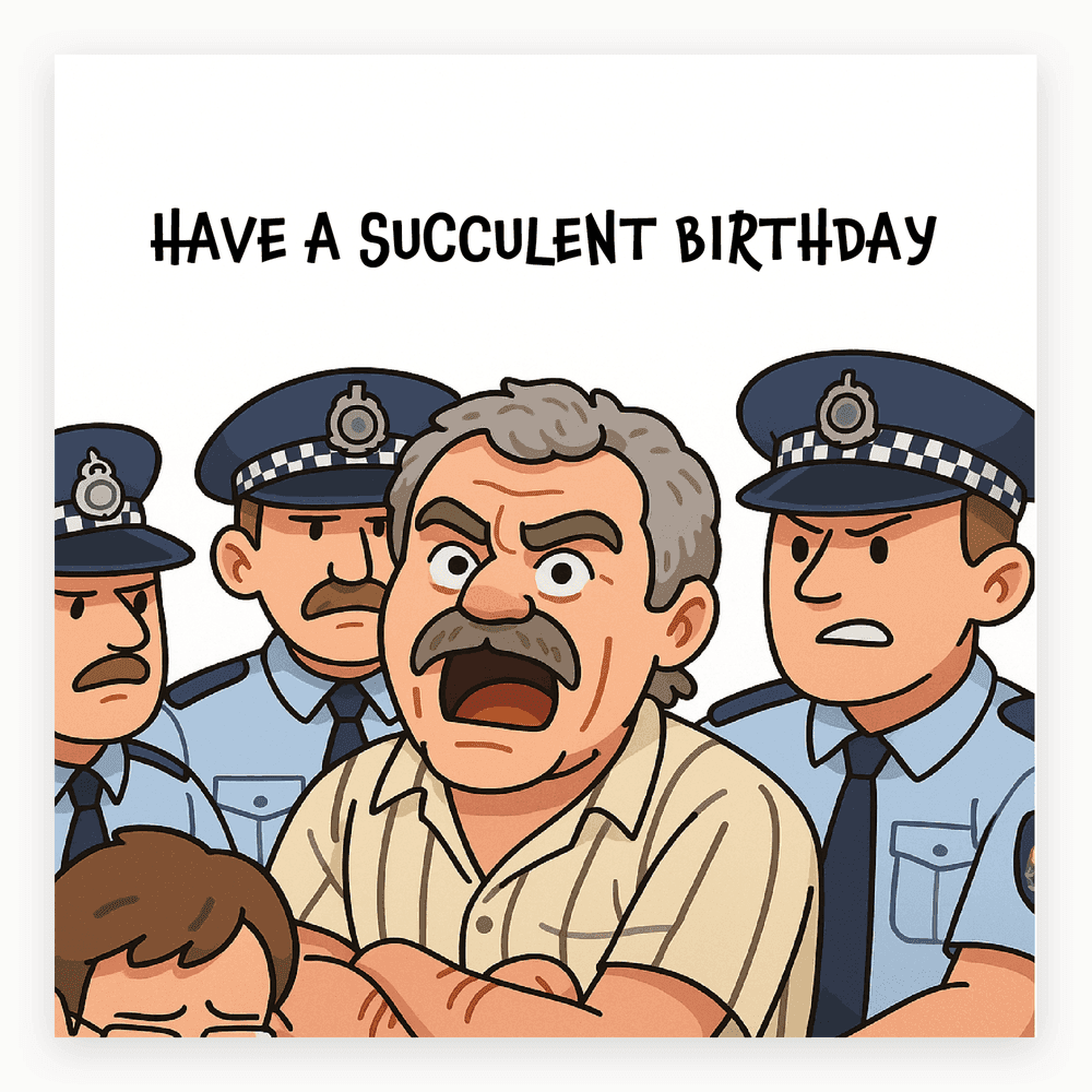 The card lying flat. Illustrated card with a cartoon man being arrested by police, text reads 'HAVE A SUCCULENT BIRTHDAY'. Dominant colours are blue and white.