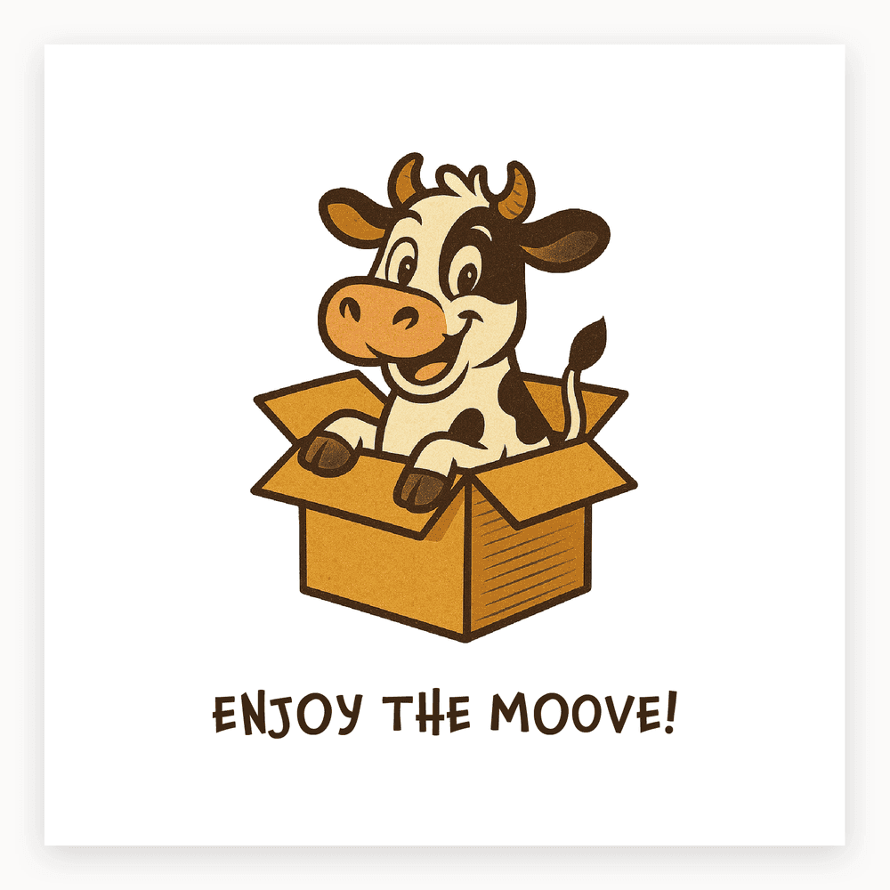 The card lying flat. Card with a cheerful cow in a cardboard box, text 'ENJOY THE MOOVE!' in bold. Predominantly brown and white design.