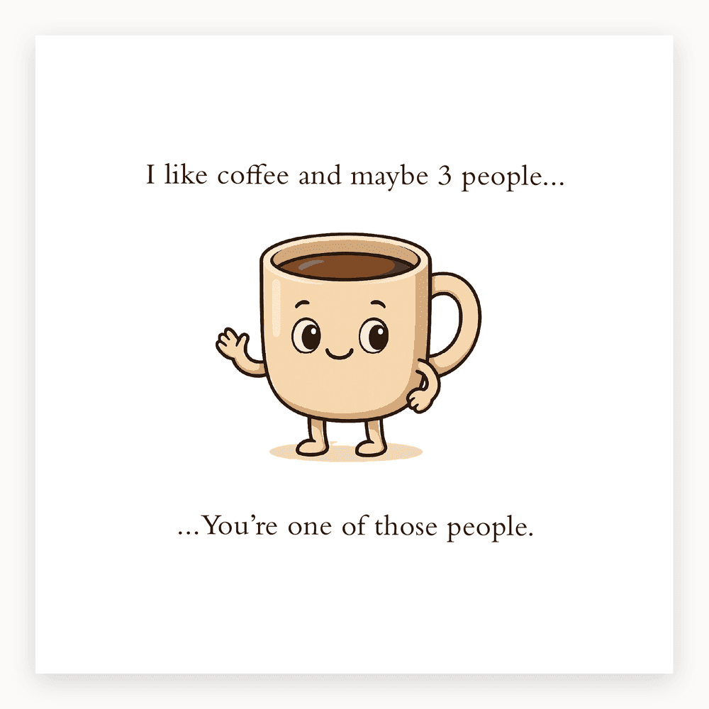 The card lying flat. Card with a cute coffee cup illustration and text: 'I like coffee and maybe 3 people... You're one of those people.'