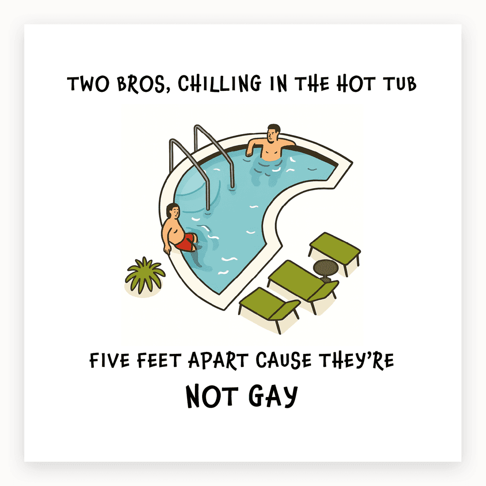 The card lying flat. Illustration of two men in a heart-shaped hot tub with text above and below. Two green chairs are nearby.