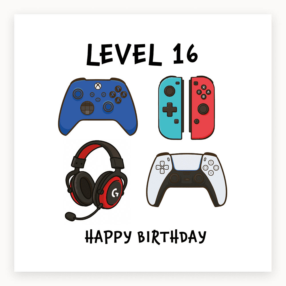 The card lying flat. Card with Xbox, Switch, and PlayStation controllers, text 'LEVEL 16' and 'HAPPY BIRTHDAY', in vibrant colours.