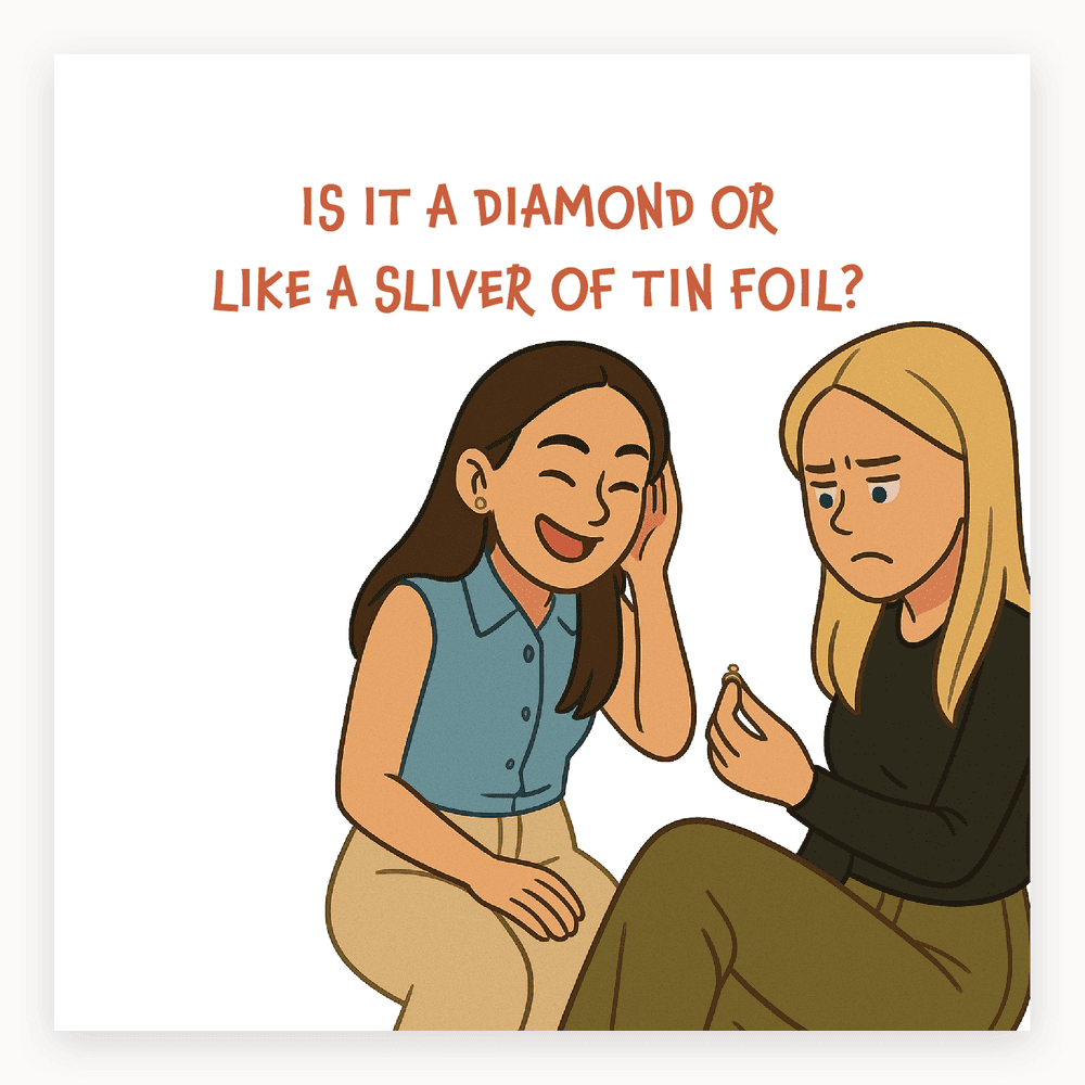 The card lying flat. Illustrated engagement card with two women, one laughing, one concerned, text about diamond ring size, in blue and white.
