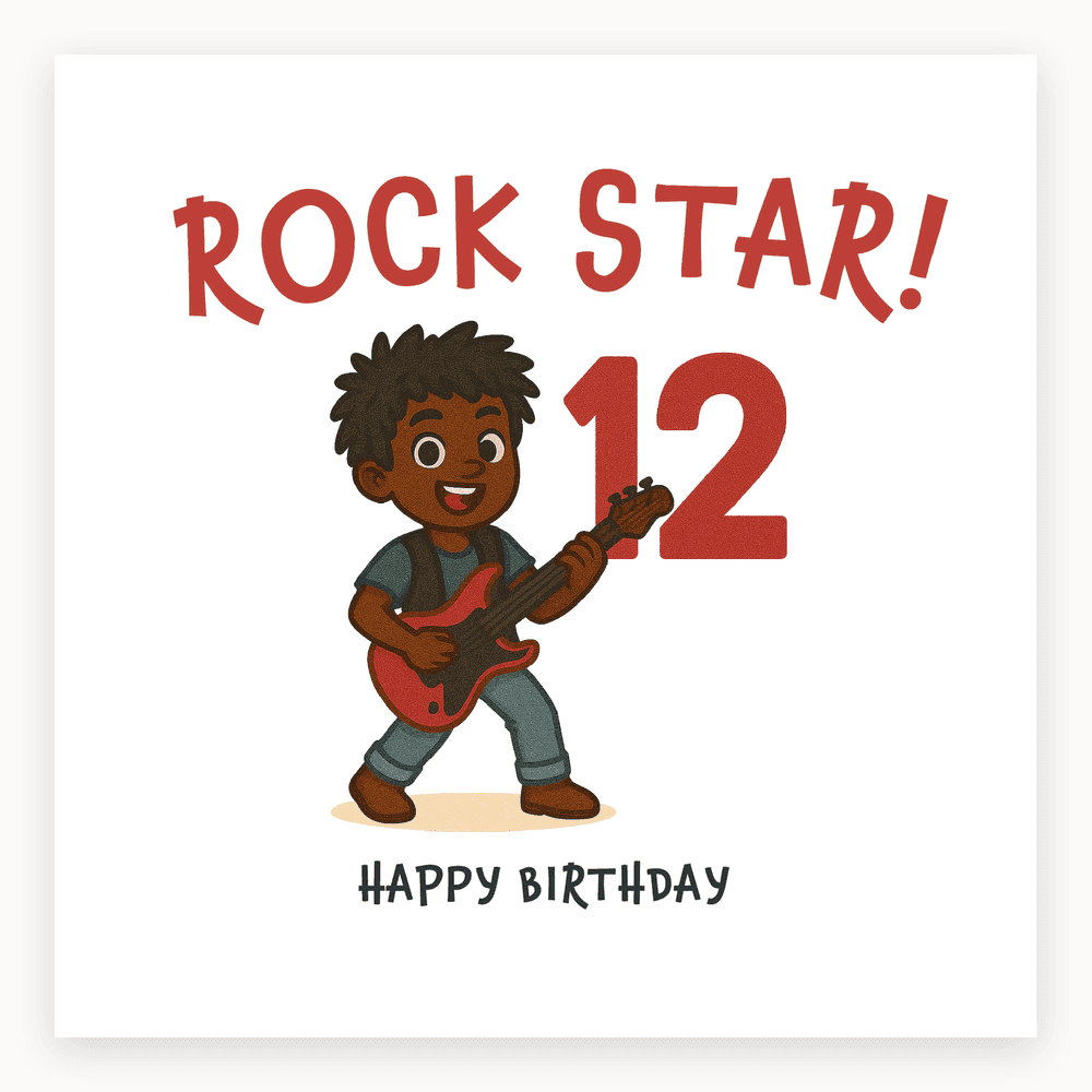 The card lying flat. Illustrated card with a child playing a red guitar, text 'ROCK STAR!', '12', and 'HAPPY BIRTHDAY'. Bright and cheerful design.