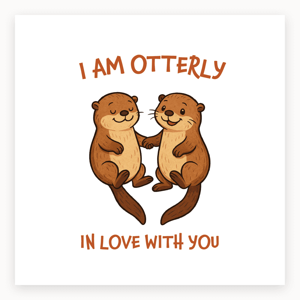 The card lying flat. Two cartoon otters holding hands with the text 'I AM OTTERLY IN LOVE WITH YOU' in warm brown tones.