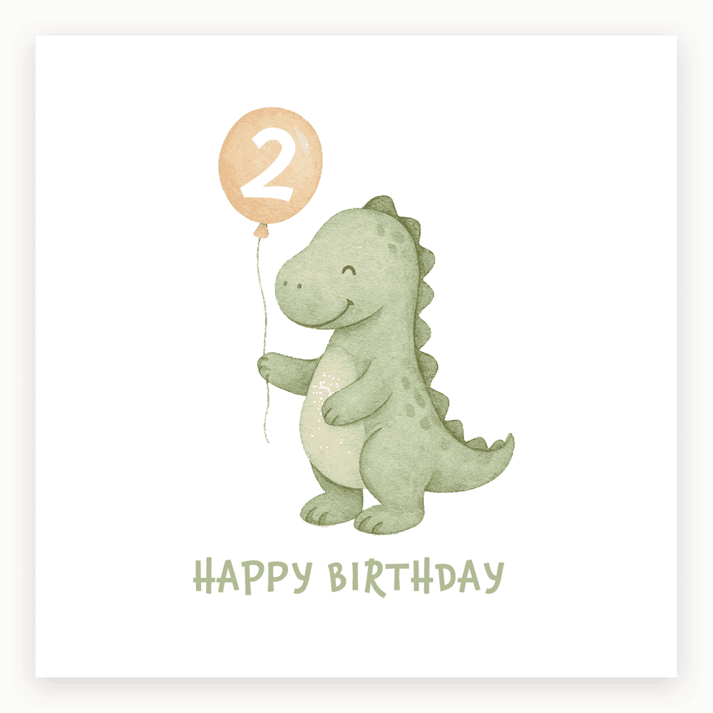 The card lying flat. Sage green dinosaur holding a balloon with the number 2, 'HAPPY BIRTHDAY' text below.