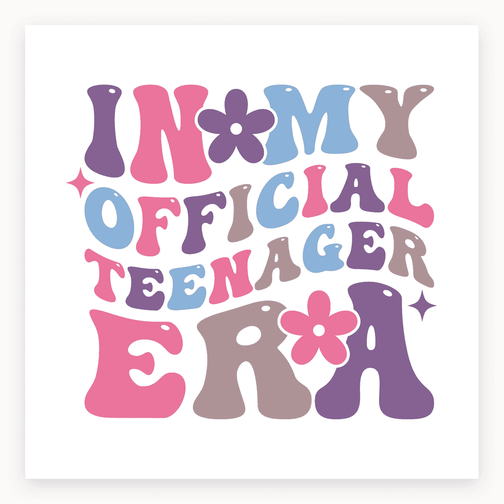 The card lying flat. Colourful card with 'IN MY OFFICIAL TEENAGER ERA' in playful fonts and colours, celebrating a thirteenth birthday.
