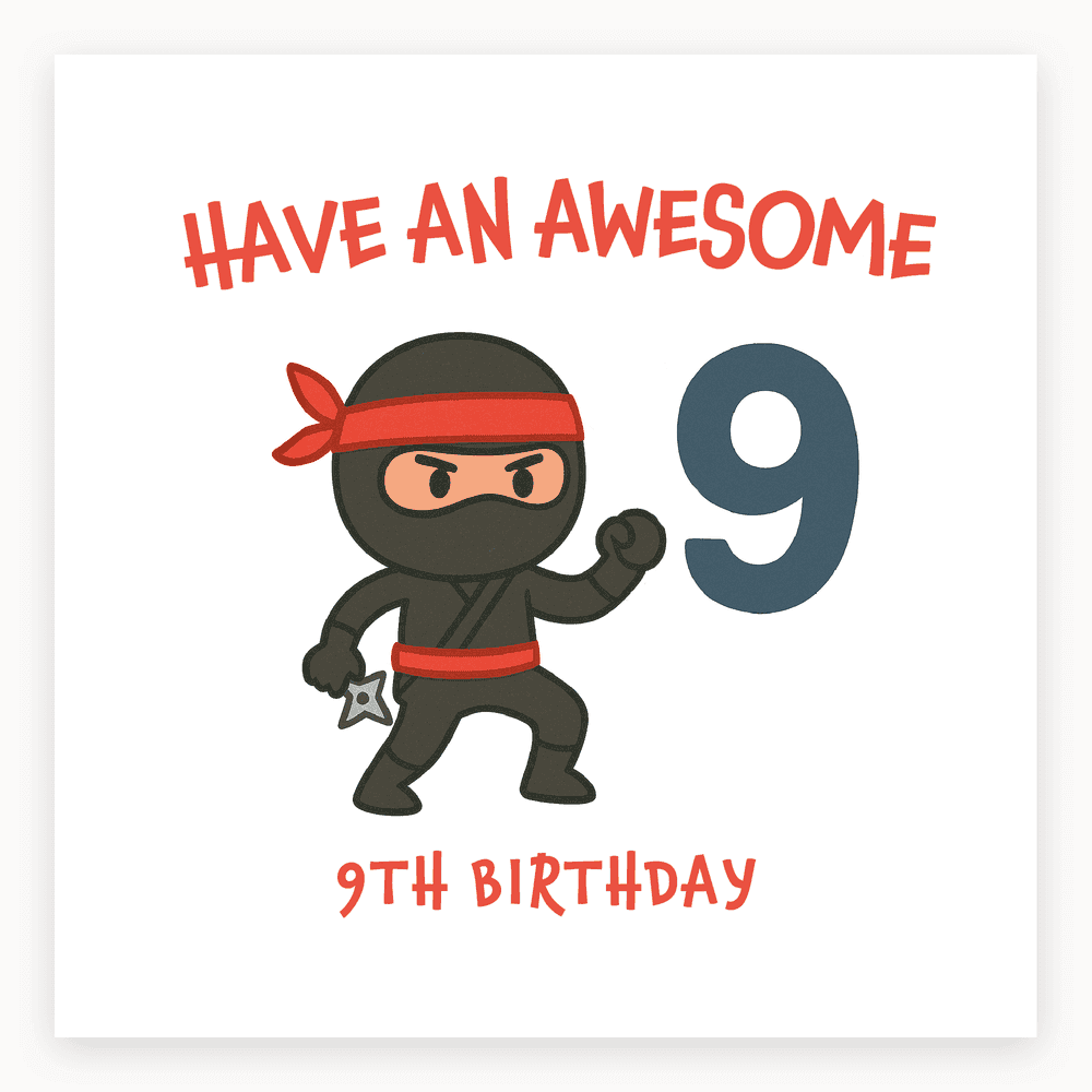The card lying flat. Ninja character in black outfit with red headband, holding a star-shaped weapon. Text reads 'HAVE AN AWESOME 9TH BIRTHDAY'.