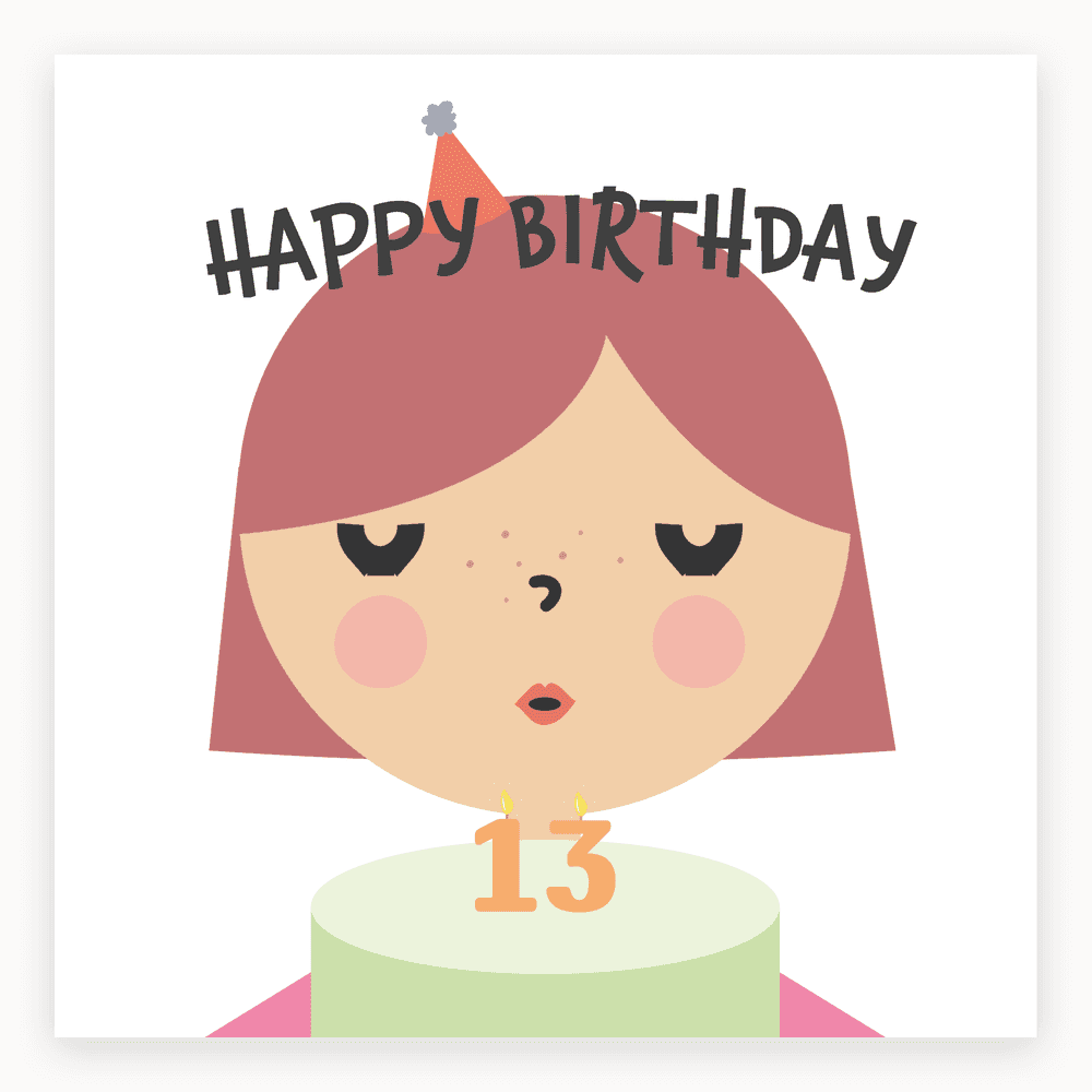 The card lying flat. Card with a girl wearing a party hat, moody expression, 'HAPPY BIRTHDAY' text, and number 13 as candles on a cake, in pastel colours.