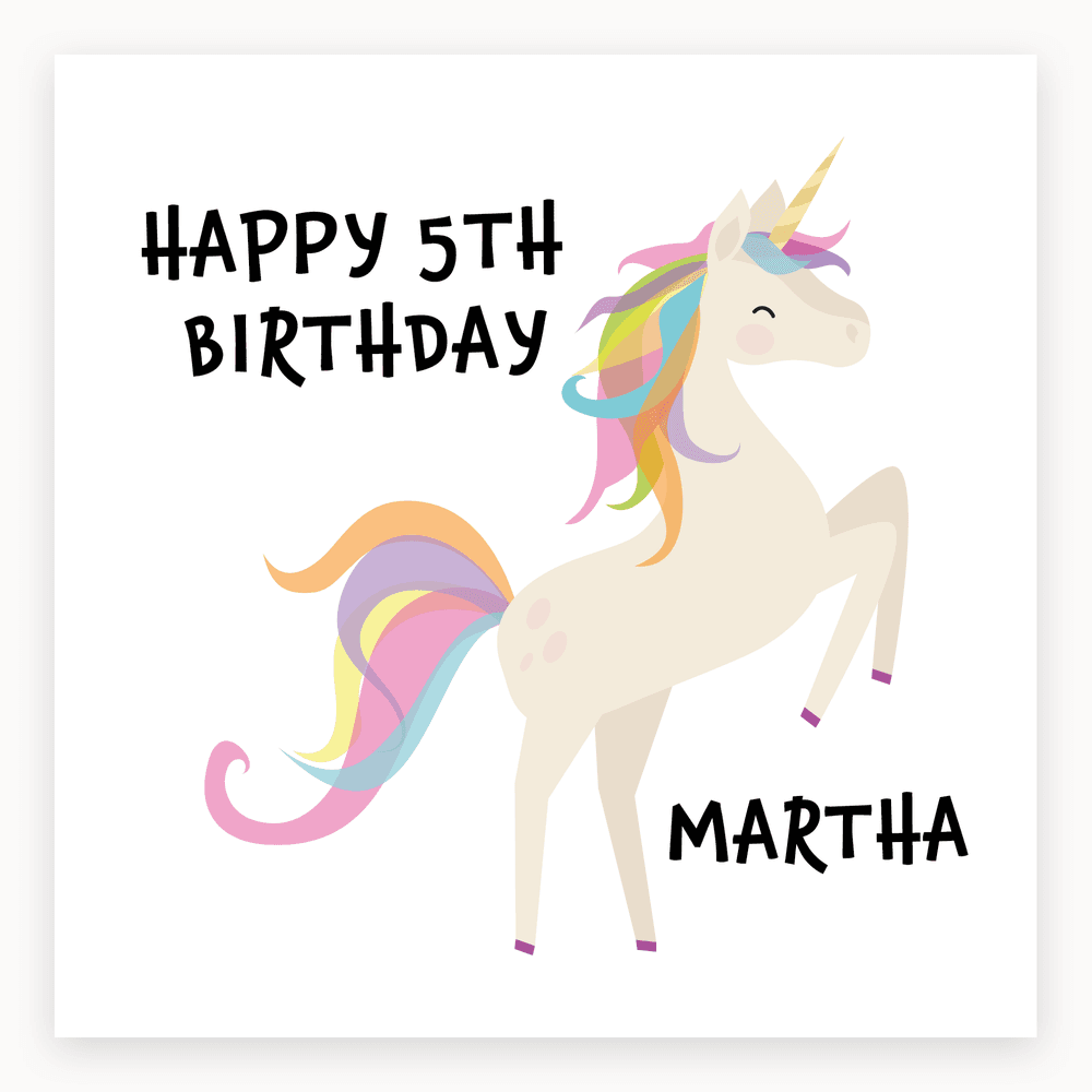The card lying flat. Card with a cheerful unicorn and rainbow mane, text 'HAPPY 5TH BIRTHDAY' and customisable name. Predominantly colourful design.