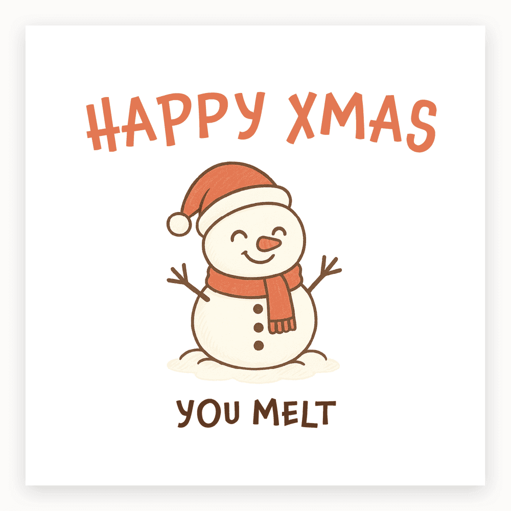 The card lying flat. Illustrated card with a cheerful snowman in a red scarf and hat, text 'HAPPY XMAS' and 'YOU MELT'. Predominantly white and red.