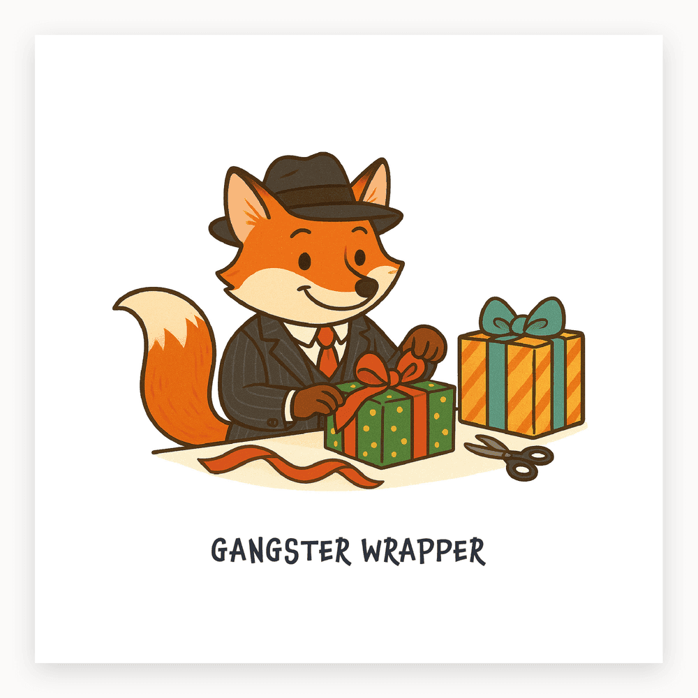 The card lying flat. Christmas card with a fox in a suit and fedora wrapping presents, featuring gift boxes and scissors. Predominantly red and green.