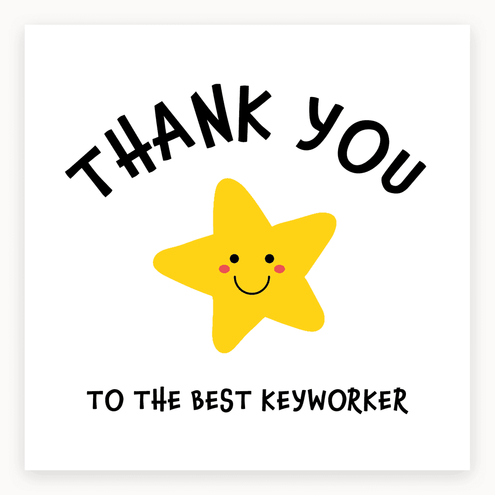 The card lying flat. Thank you card with a smiling yellow star and the text 'THANK YOU TO THE BEST KEYWORKER'.