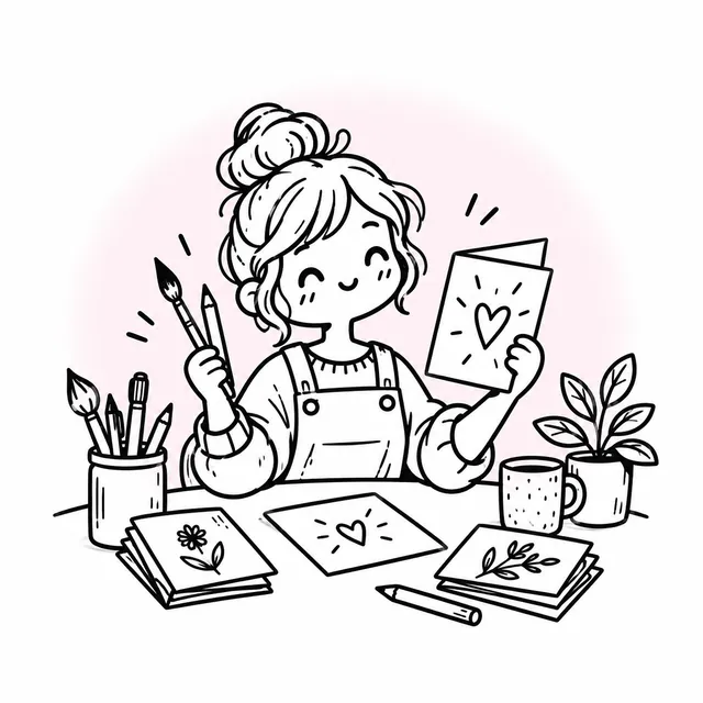 A card designer at a desk holding a brush and a pencil, with her cards and a pound coin