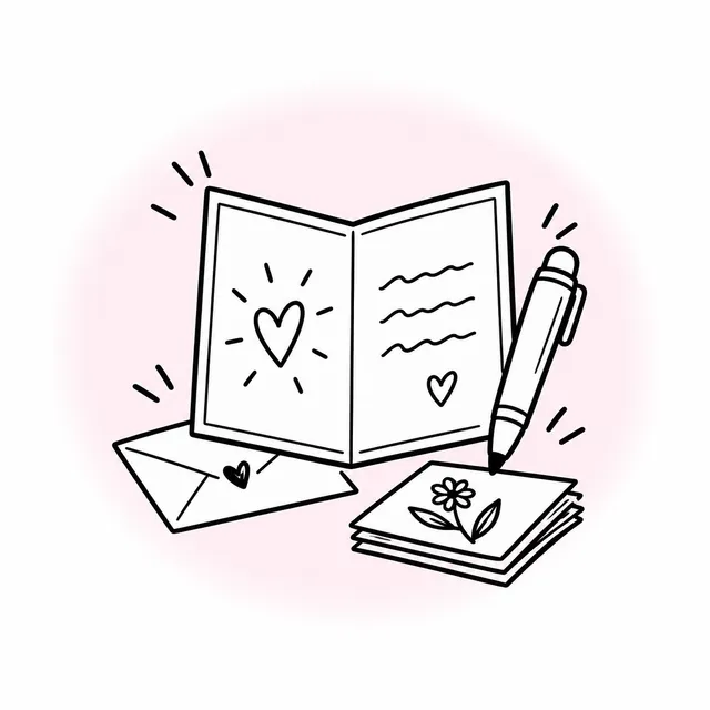 An open greeting card with handwriting inside it, walking alongside a pen